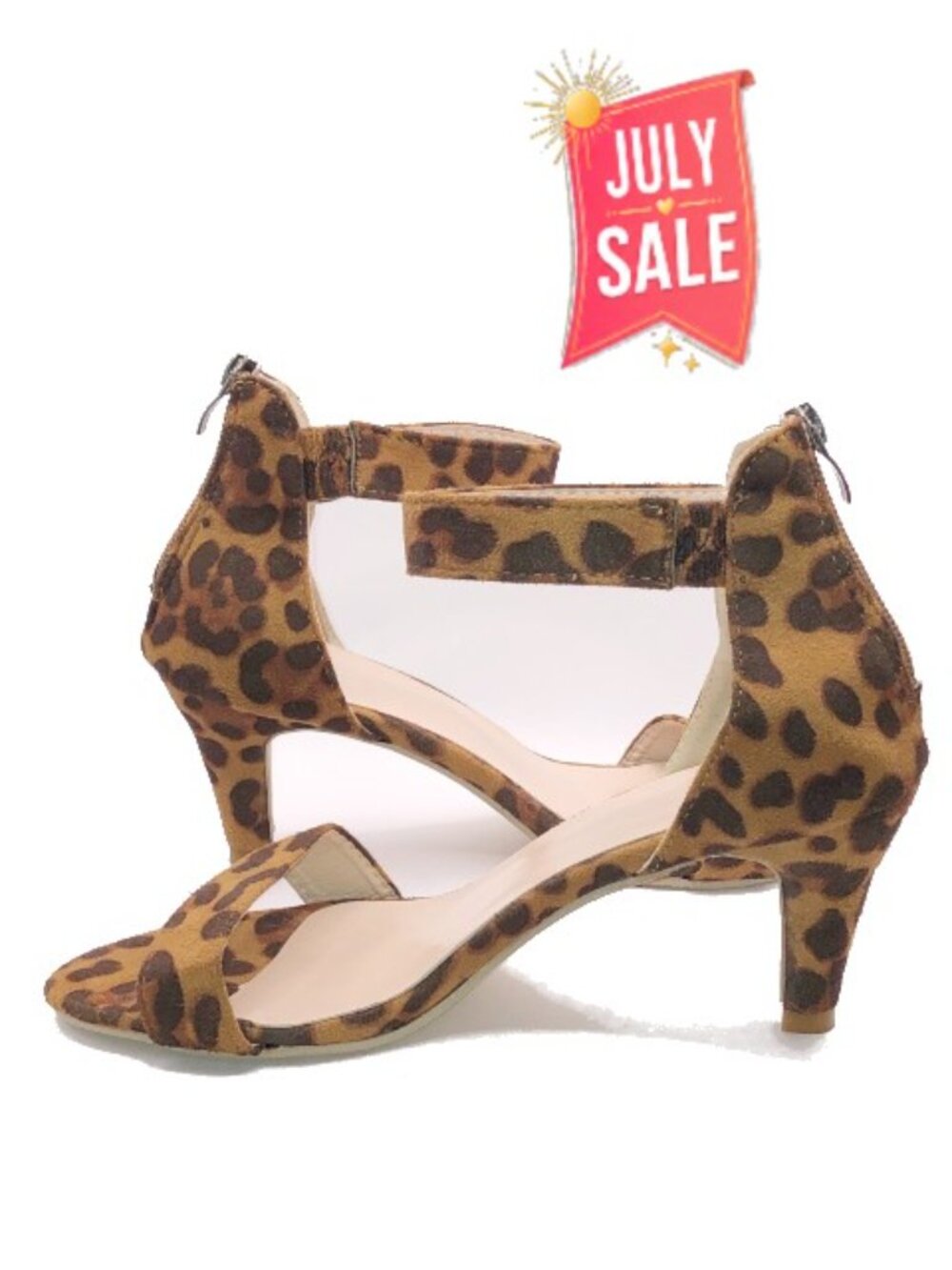 Leopard Print Ankle Strap Heels Size 7.5 Faux Suede Back Zip Low Heel Sandals